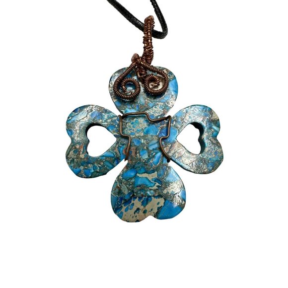 Womens Heart 4 Leaf Clover Leather Cord Necklace Blue Stone Wire Wrapped - Picture 1 of 4